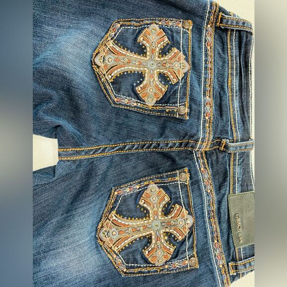 Grace in LA Women's Boot Cut Jeans - Dark Blue with Brown Embroidery - Picture 5 of 13